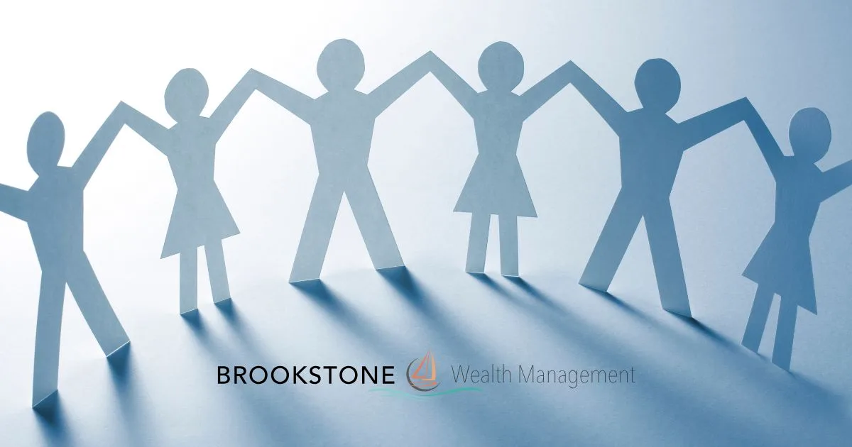 Paper dolls holding hands, representing moving forward together with the Brookstone Wealth Management logo